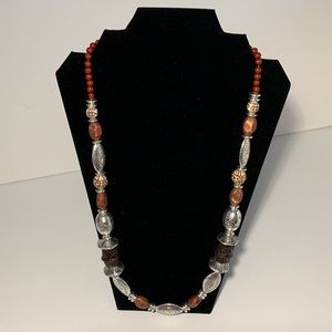 AVON SH Long Chunky Necklace Brown And Silver Textured Beads 29” W/3” Extension